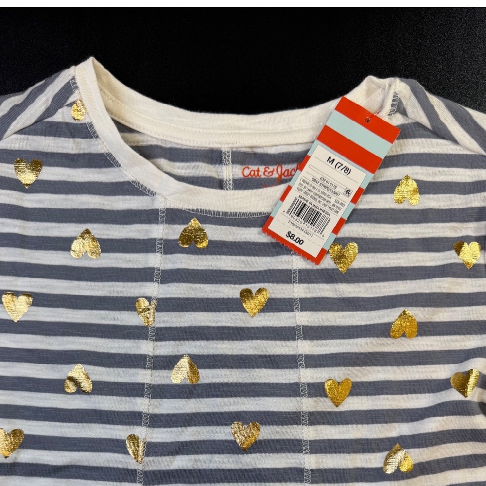 Cat & Jack Girls Gray White Striped Gold Heart Tunic Top Size M 7/8‎ NWT J9